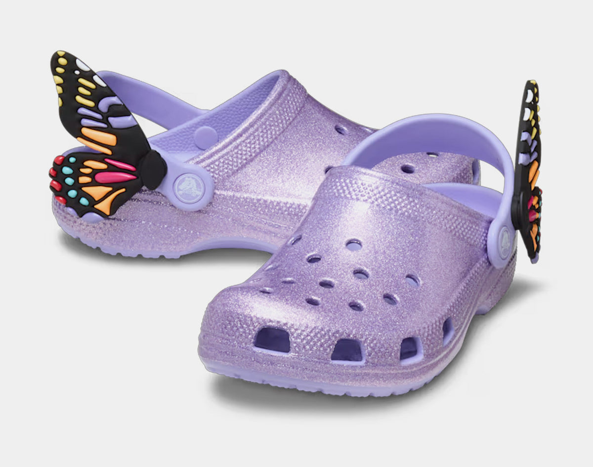 Exclusive Classic Clog I Am Butterfly Infant Toddler Sandals (Purple/Black) — 4C — Back View