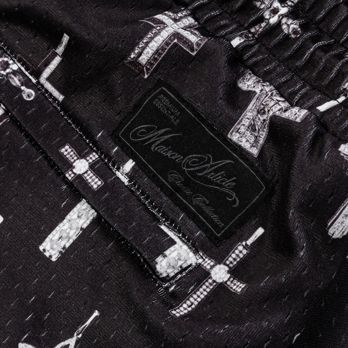 Exclusive All Over Print Crosses Mesh Mens Shorts (Black/Grey) — S — Top View