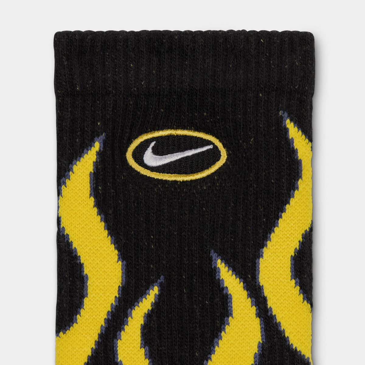 Exclusive Everyday Plush Cushioned Crew Flames Mens Socks (Black/Tour Yellow/White) — S — Back View