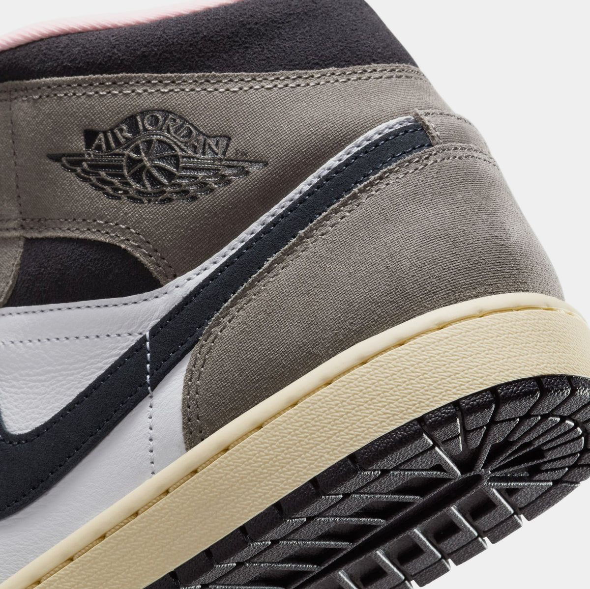 Exclusive Air Jordan 1 Mid SE Cave Stone Mens Lifestyle Shoes (White/Cave Stone/Dark Sulfur/Oil Grey) — 7 — Lifestyle View