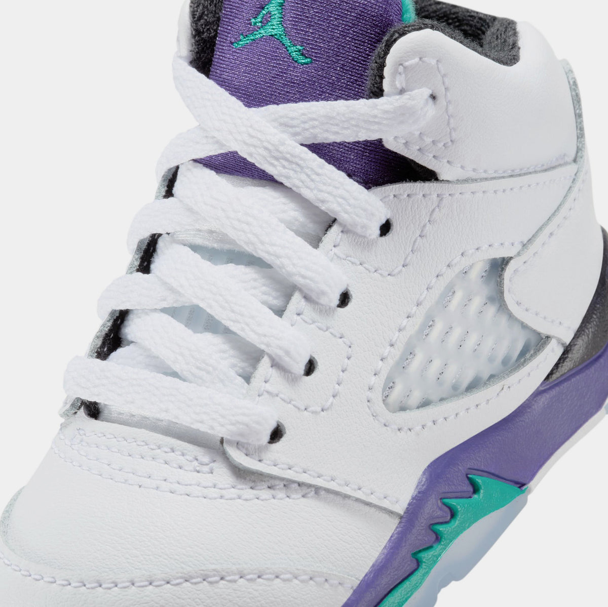 Exclusive Air Jordan 5 Retro Grape Infant Toddler Lifestyle Shoes (White/New Emerald/Grape Ice/Black) — 2C — Detail View