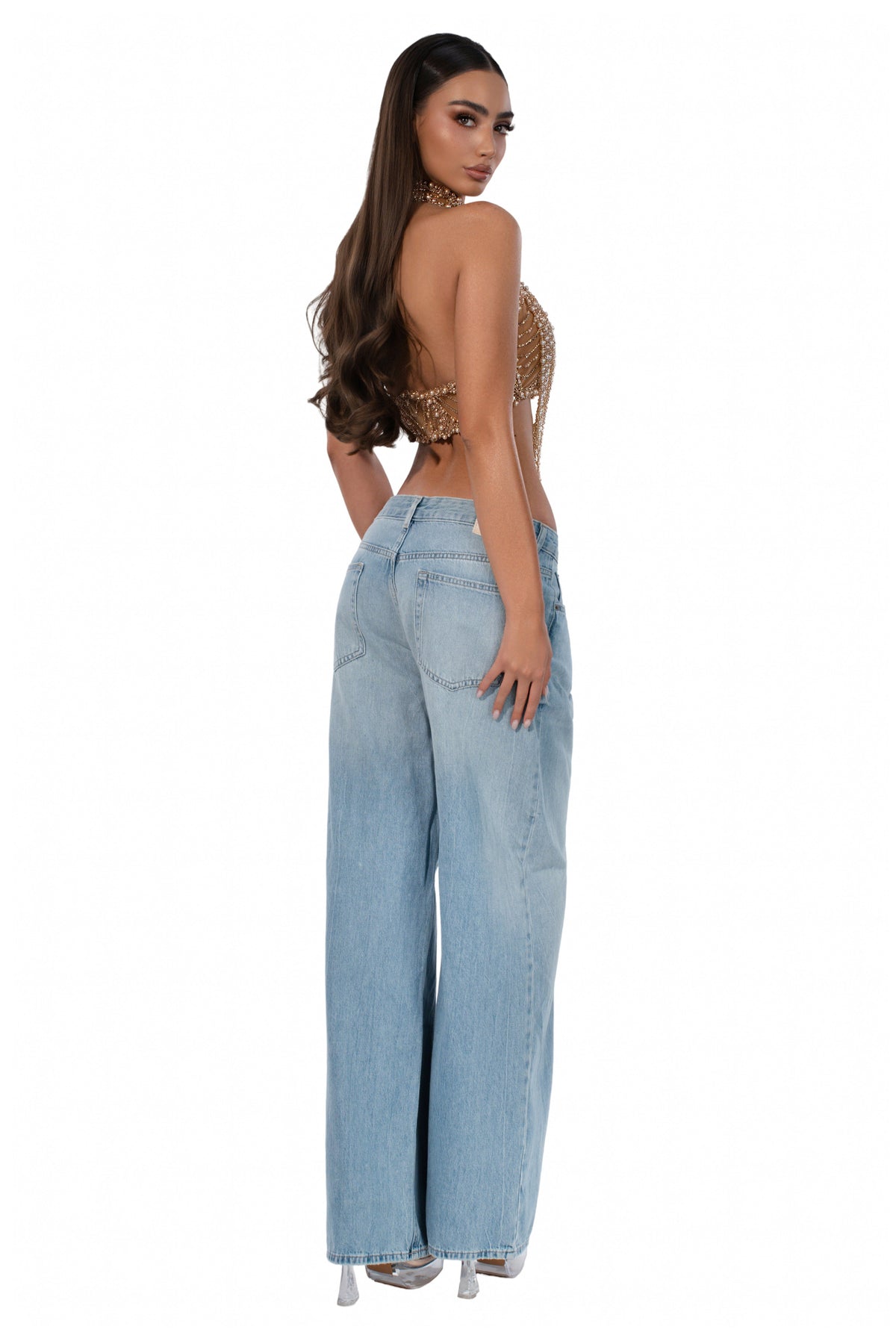 Exclusive Nude Halter Top with Draped Beadwork — XXS — Side View