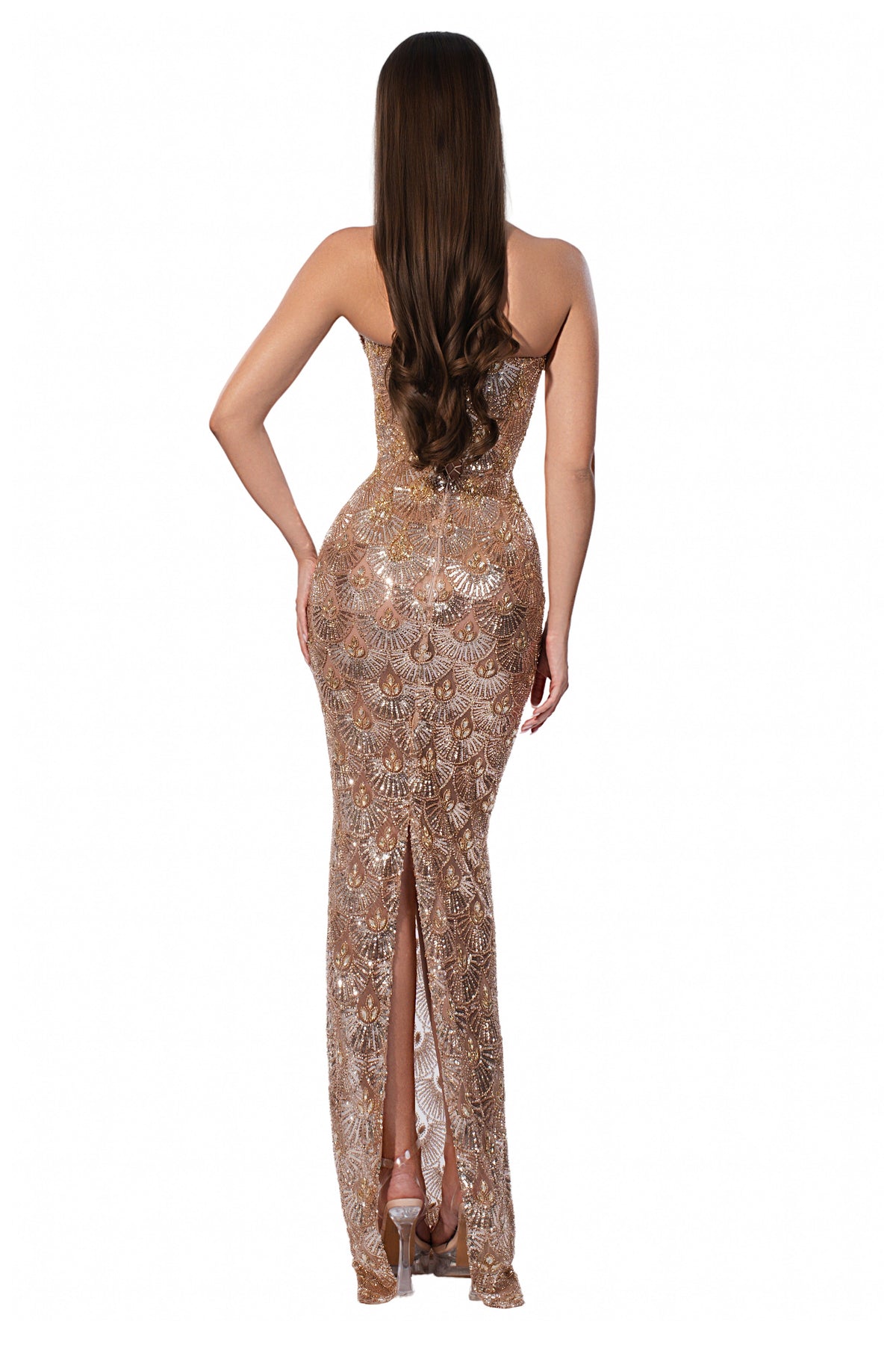 Exclusive Strapless Gold Gown with Plunging Neckline — XXS — Side View