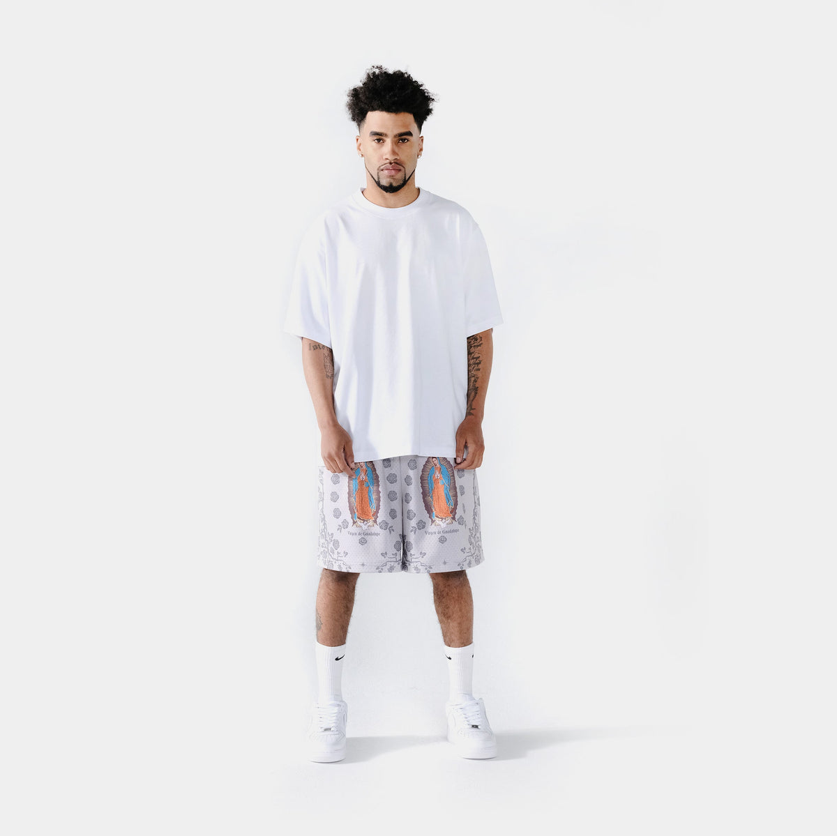 Exclusive Rose Guadalupe Mesh Mens Shorts (Beige/Black) — S — Lifestyle View