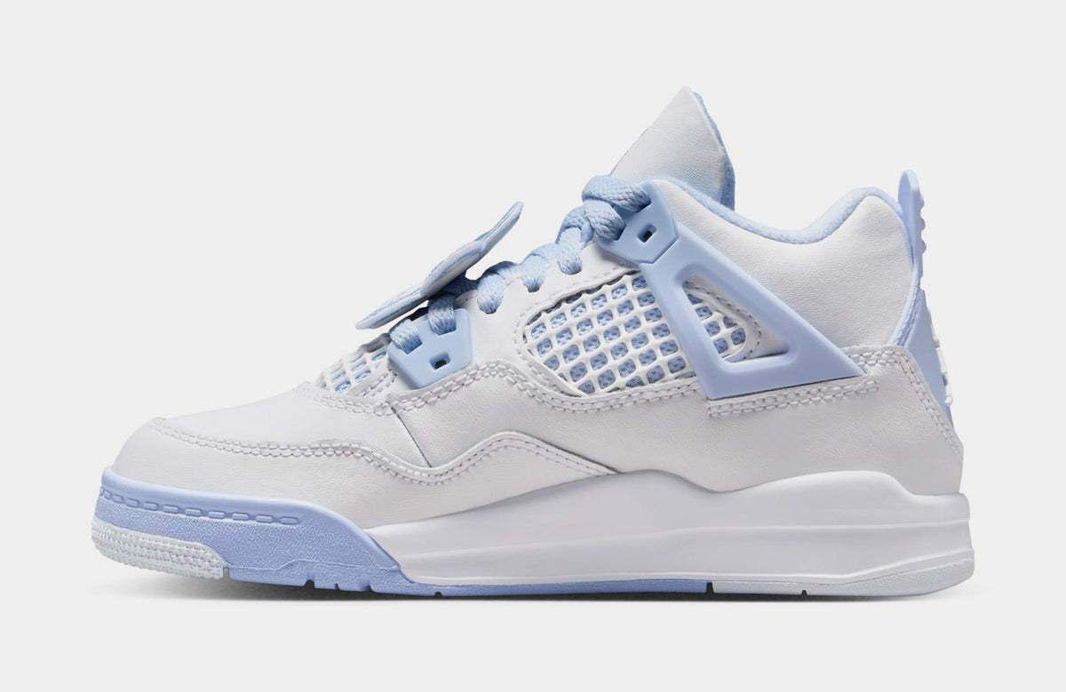Exclusive Air Jordan 4 Retro Aluminum Preschool Lifestyle Shoes (White/Aluminum Blue/Tint Oil Green) — 10.5C — Back View