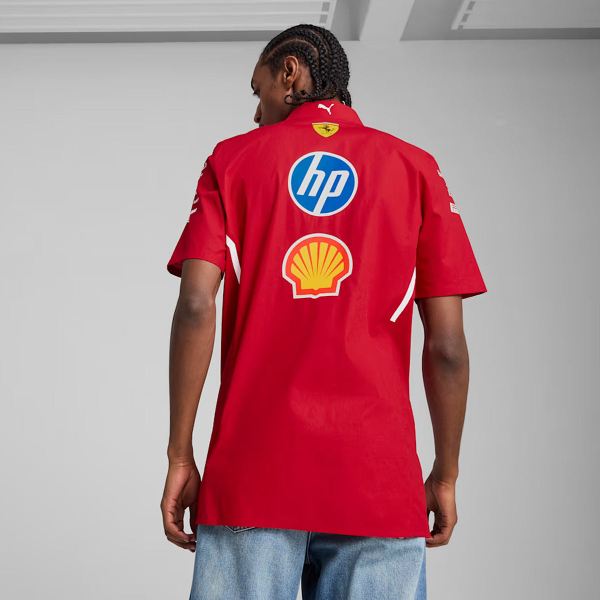 Exclusive Scuderia Ferrari 2025 Team Mens Short Sleeve Shirt (Dark Cherry/White) — S — Top View