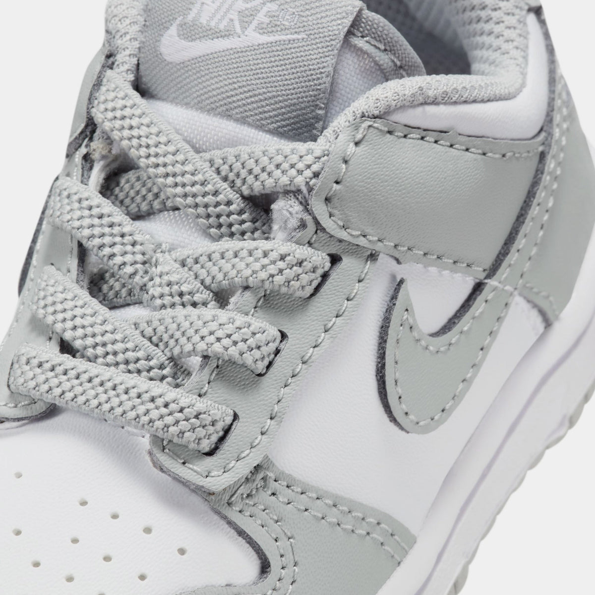 Exclusive Dunk Low Infant Toddler Lifestyle Shoes (White/White/Light Smoke Grey) — 2C — Detail View