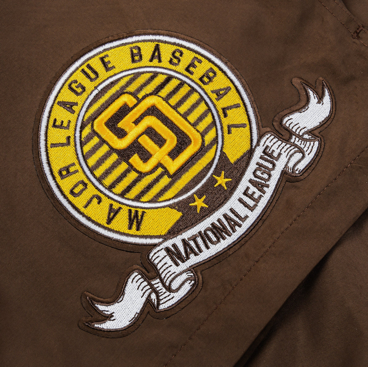 Exclusive San Diego Padres Team Badge Woven Mens Shorts (Brown/Yellow) — S — Back View