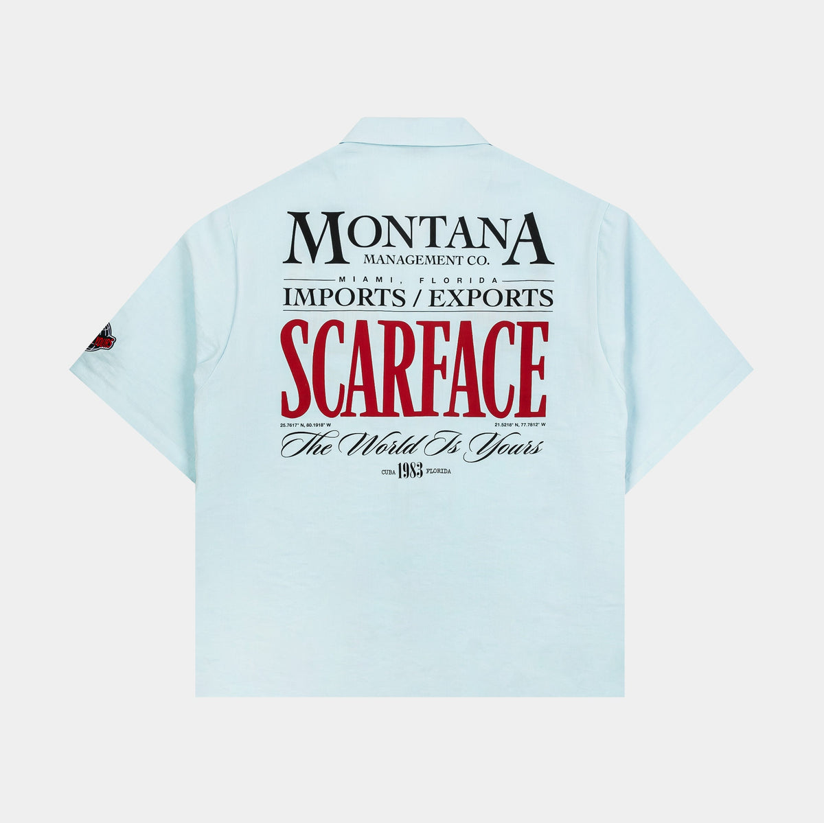 Exclusive SP x Scarface MGMT CO Button Up Mens Short Sleeve Shirt (Blue/Red) — S — Side View