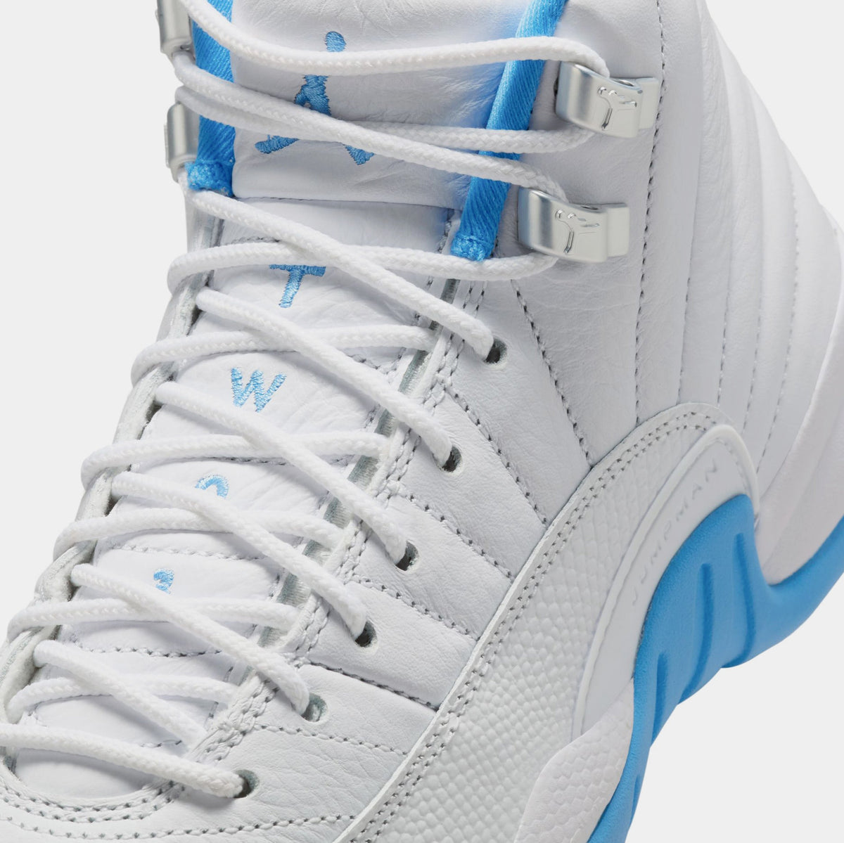 Exclusive Air Jordan 12 Retro White and University Blue Grade School Lifestyle Shoes (White/University Blue/Metallic Silver) — 3.5Y — Detail View
