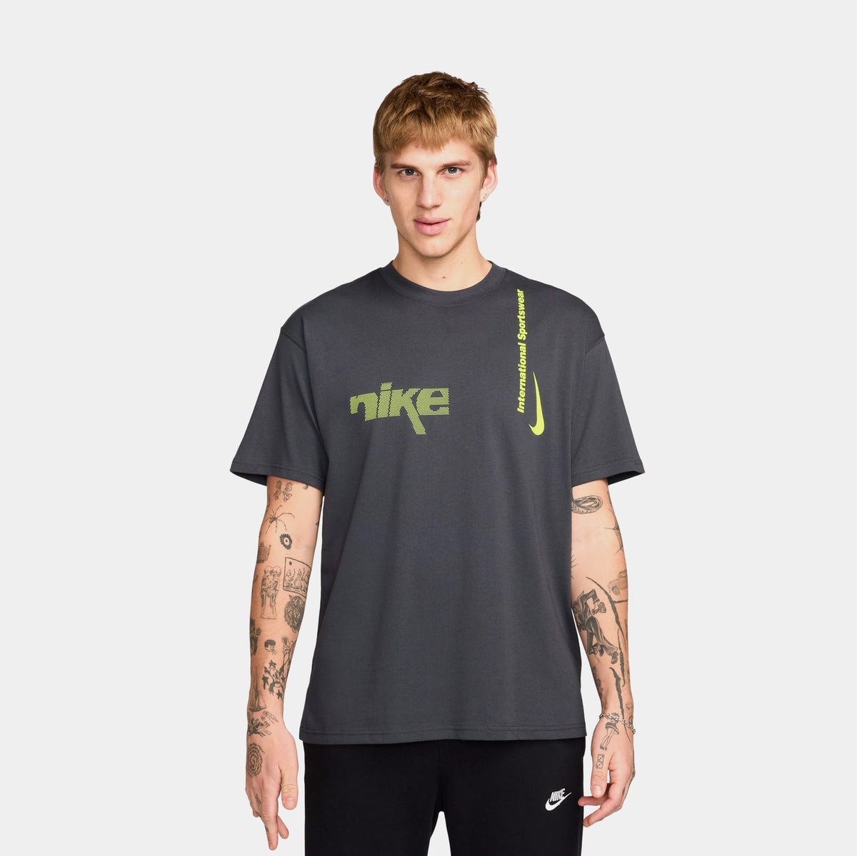 Exclusive NSW Max 90 Swoosh Sport Mens Short Sleeve Shirt (Black/Grey) — S — Front View