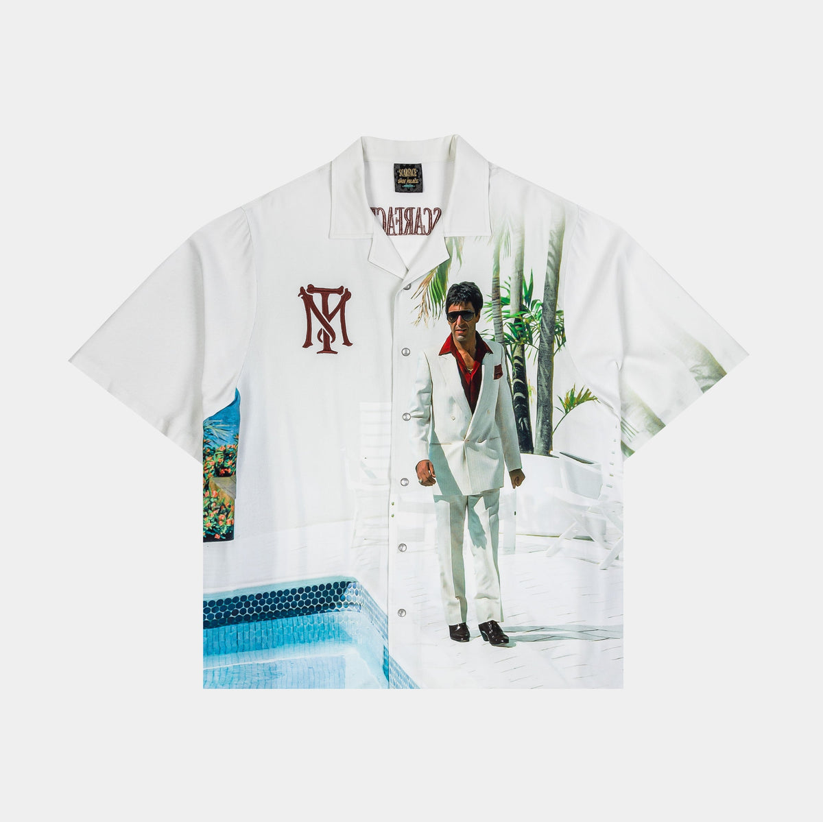 Exclusive SP x Scarface Poolside Button Up Mens Short Sleeve Shirt (White/Green) — S — Front View