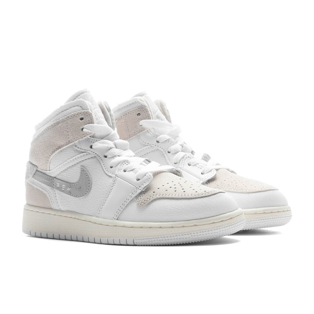 Jordan 1 Mid SE Craft (GS) Grade School Basketball Sneakers – White/Light Orewood Brown/Tech Grey – FB9142-120