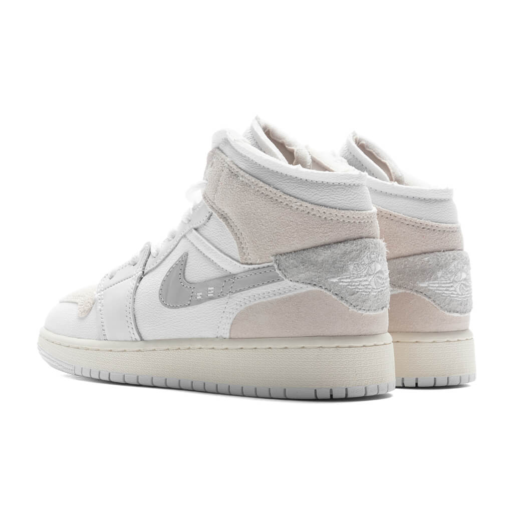 Jordan 1 Mid SE Craft (GS) Grade School Basketball Sneakers – White/Light Orewood Brown/Tech Grey – FB9142-120