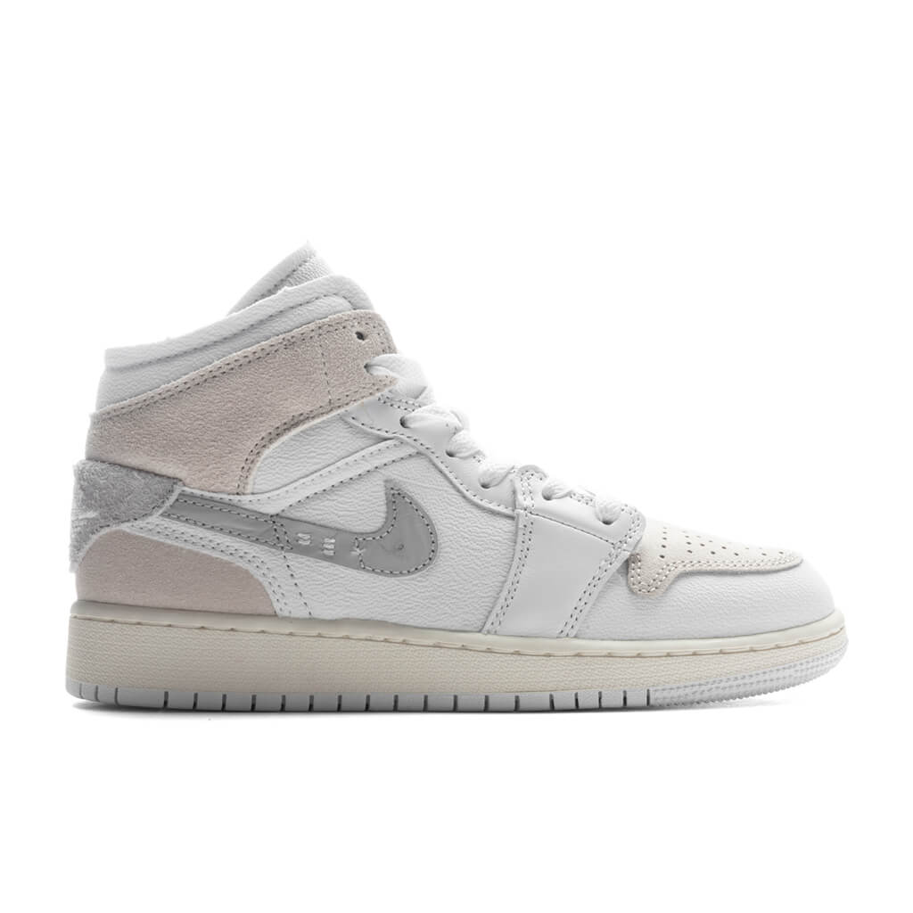 Jordan 1 Mid SE Craft (GS) Grade School Basketball Sneakers – White/Light Orewood Brown/Tech Grey – FB9142-120
