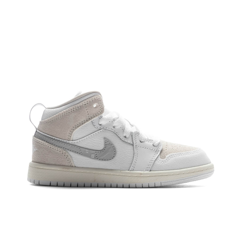 Jordan 1 Mid SE Craft (PS) Preschool Sneakers – White/Light Orewood Brown/Tech Grey – FB9141-120