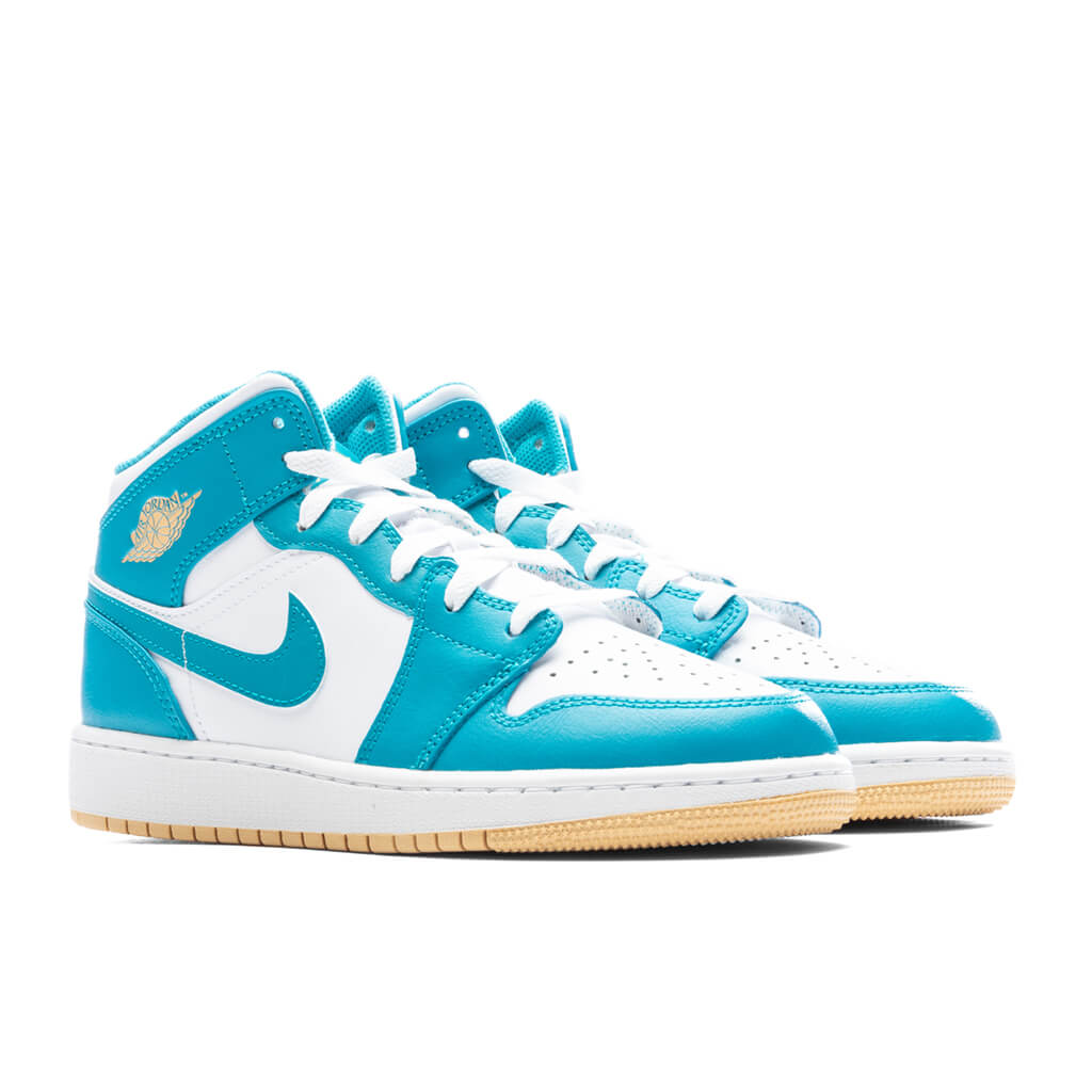 Jordan 1 Mid (GS) Grade School Basketball Sneakers – Aquatone/Celestial Gold/White – DQ8423-400