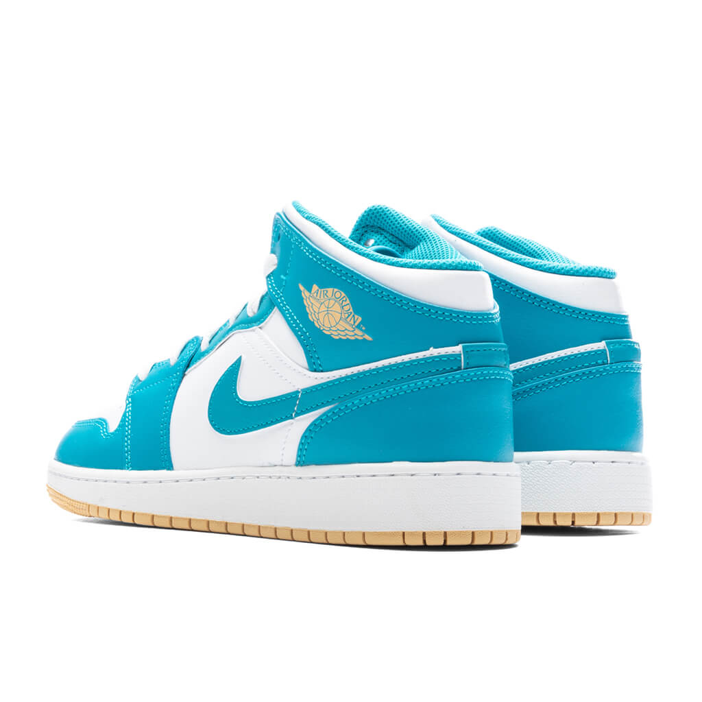 Jordan 1 Mid (GS) Grade School Basketball Sneakers – Aquatone/Celestial Gold/White – DQ8423-400