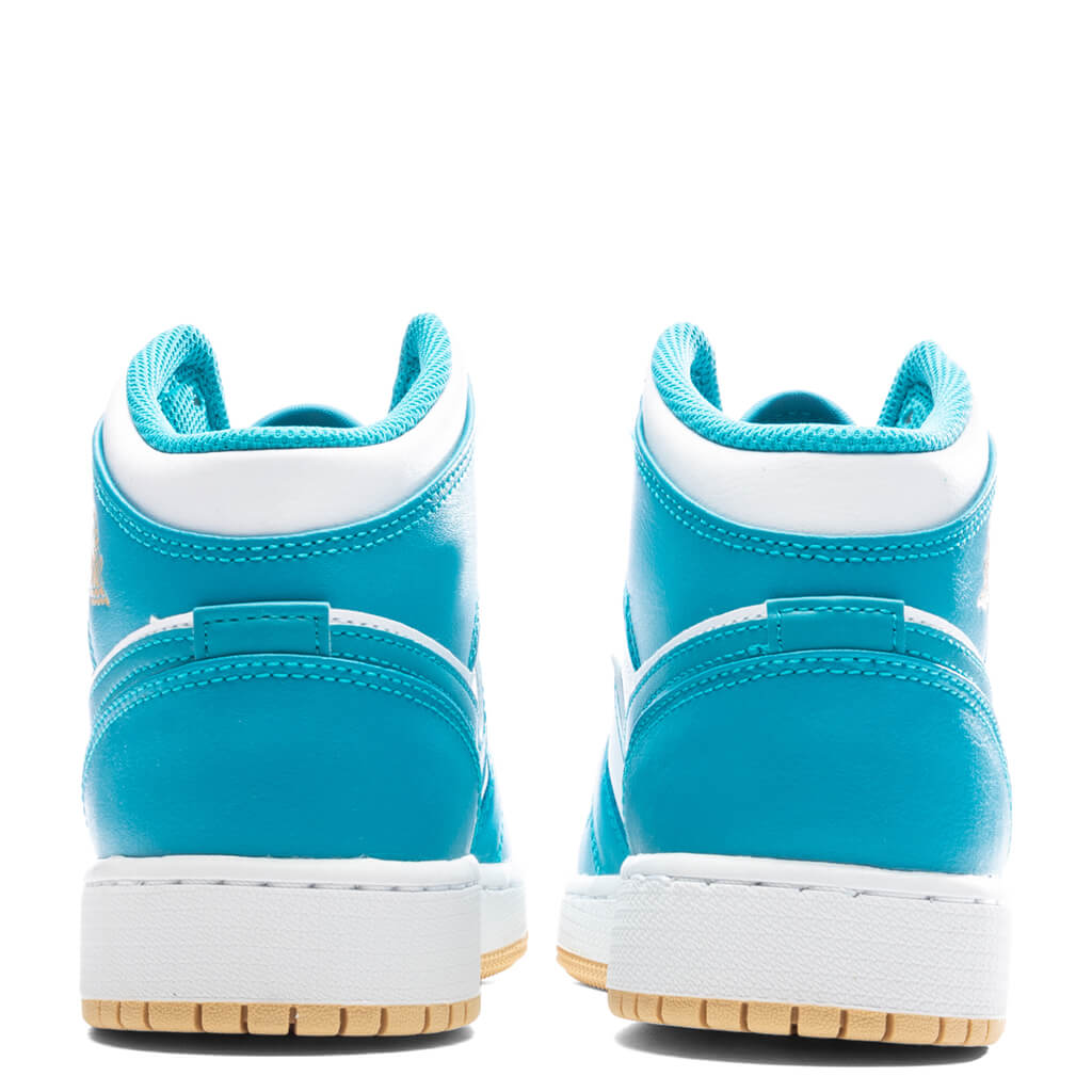 Jordan 1 Mid (GS) Grade School Basketball Sneakers – Aquatone/Celestial Gold/White – DQ8423-400
