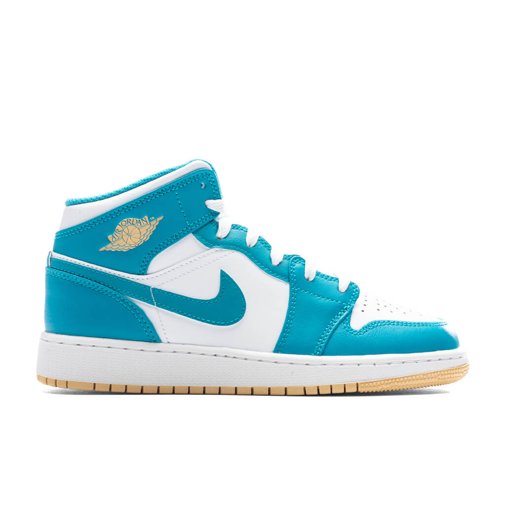Jordan 1 Mid (GS) Grade School Basketball Sneakers – Aquatone/Celestial Gold/White – DQ8423-400