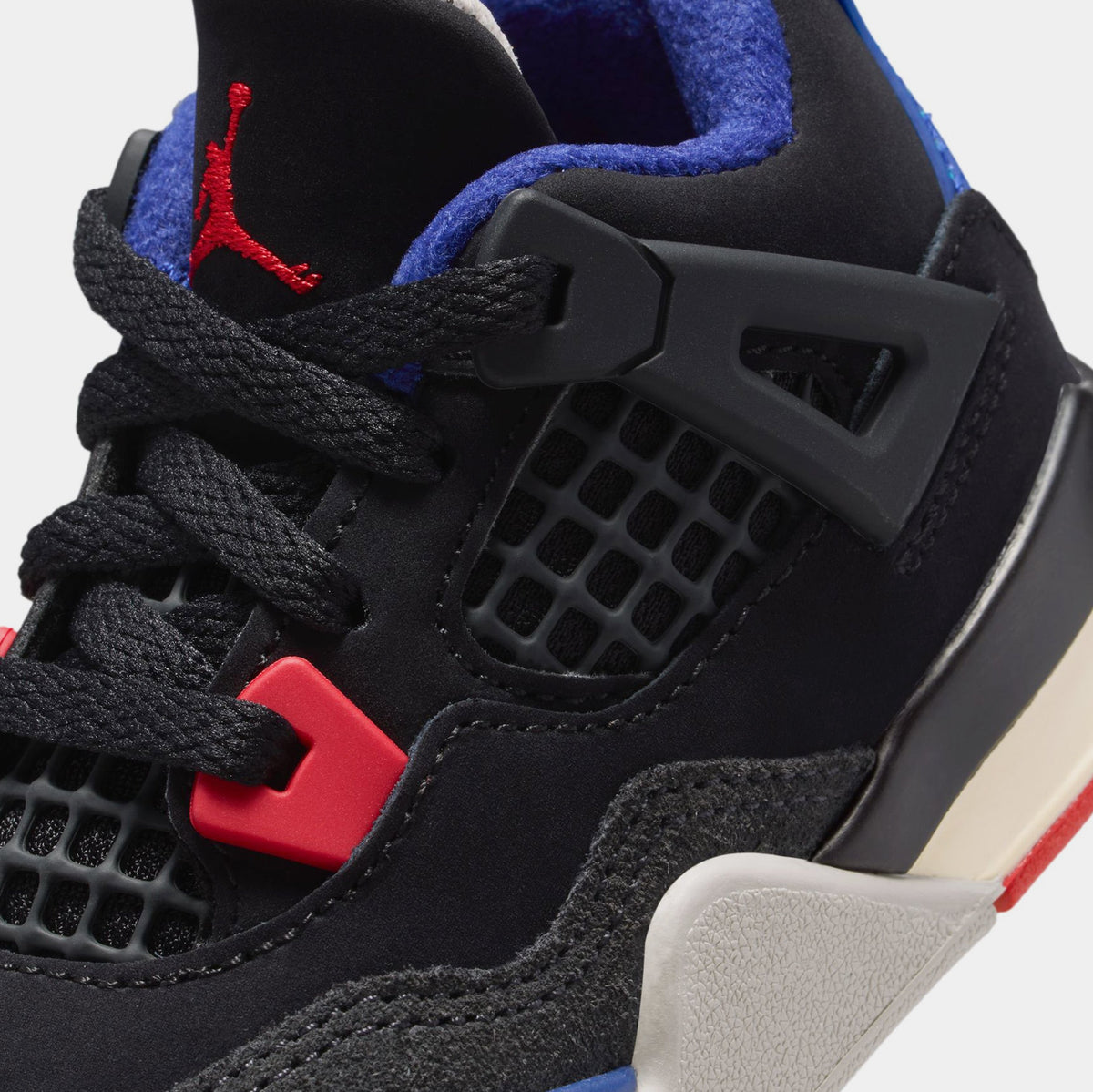 Exclusive Air Jordan 4 Retro Rare Air Infant Toddler Lifestyle Shoes (Black/Fire Red/Deep Royal Blue/Dark Smoke Grey/Tech Grey) — 2C — Detail View