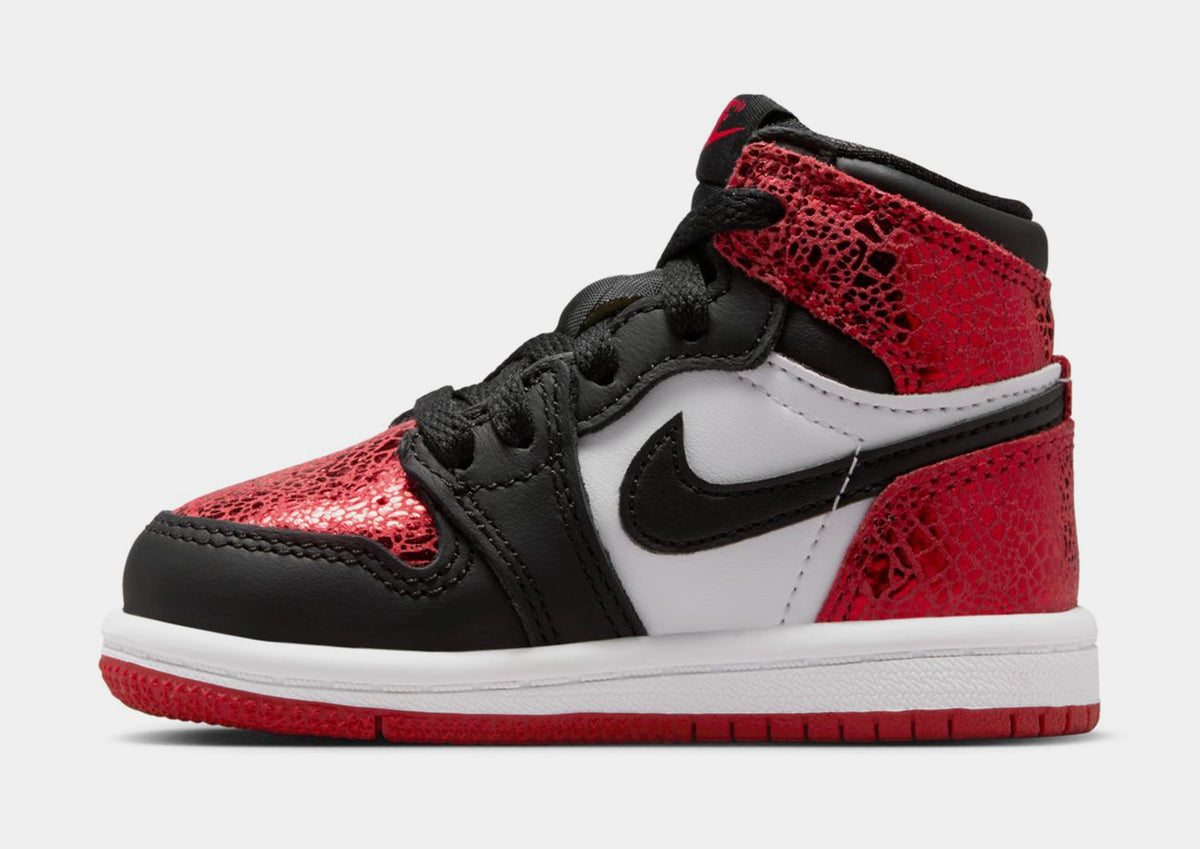 Exclusive Air Jordan 1 Retro High OG Ruby Infant Toddler Lifestyle Shoes (Varsity Red/Black/White) — 2C — Back View