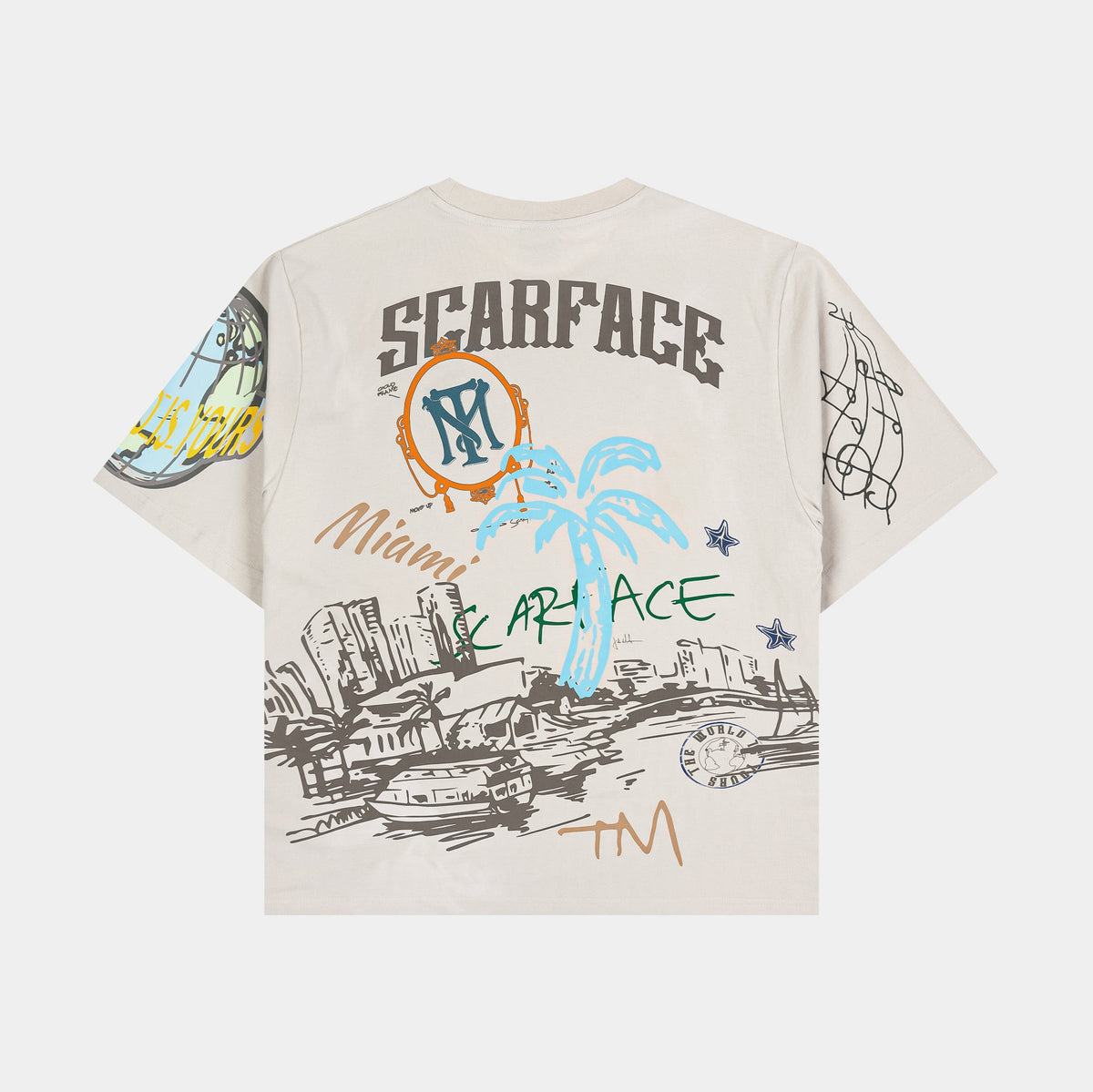 Exclusive SP x Scarface Post Card Mens Short Sleeve Shirt (Beige/Orange) — S — Side View