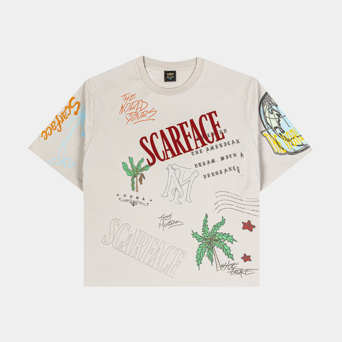 Exclusive SP x Scarface Post Card Mens Short Sleeve Shirt (Beige/Orange) — S — Front View