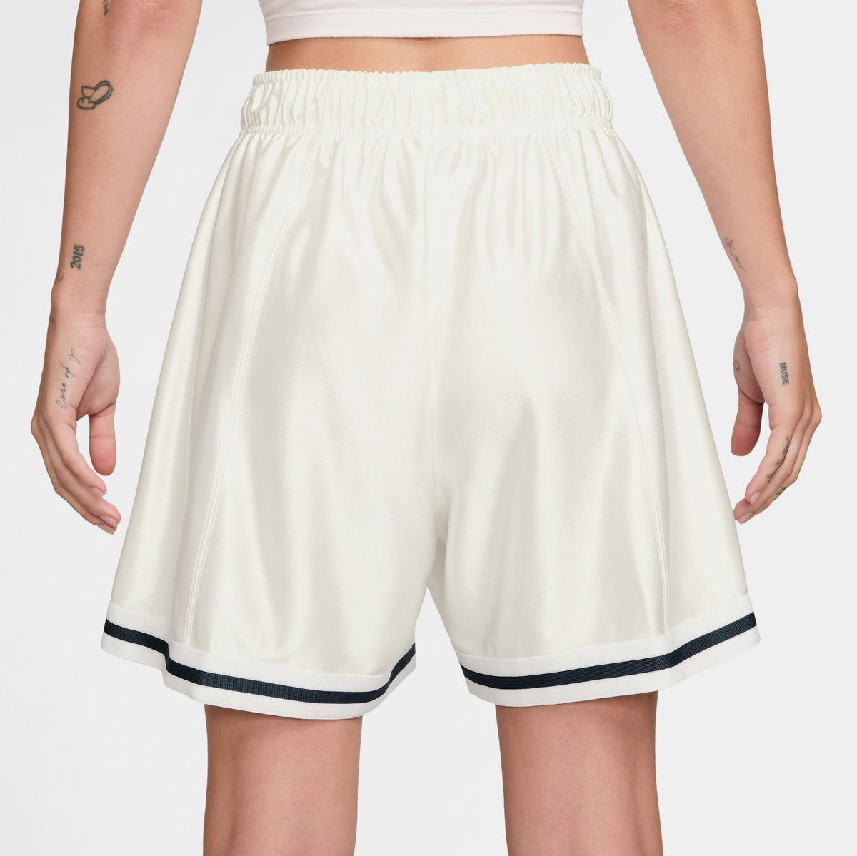 Exclusive Loose 6" Mid Rise Satin Womens Shorts (Sail/Armory Navy/Armory Navy) — XS — Side View