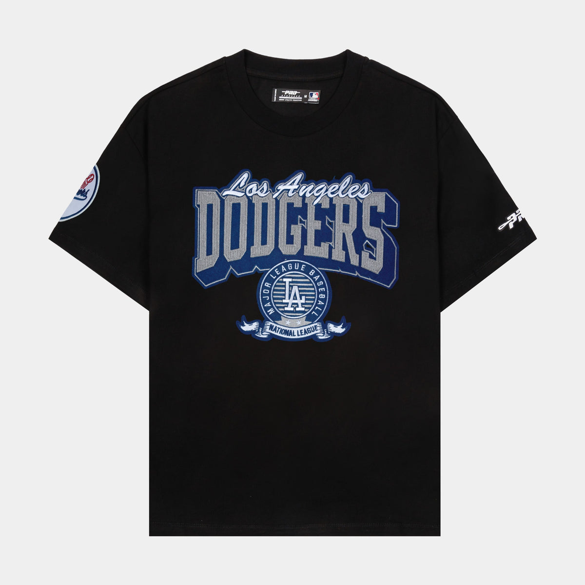Exclusive Los Angeles Dodgers Team Badge Mens Short Sleeve Shirt (Black/Blue) — S — Front View