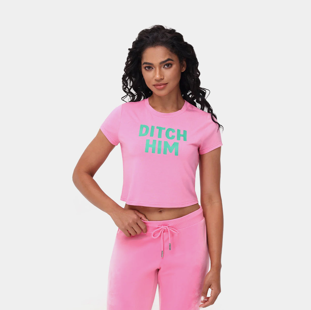 Exclusive Ditch Him Baby Tee Womens Short Sleeve Shirt (Pink/Green) — XS — Front View