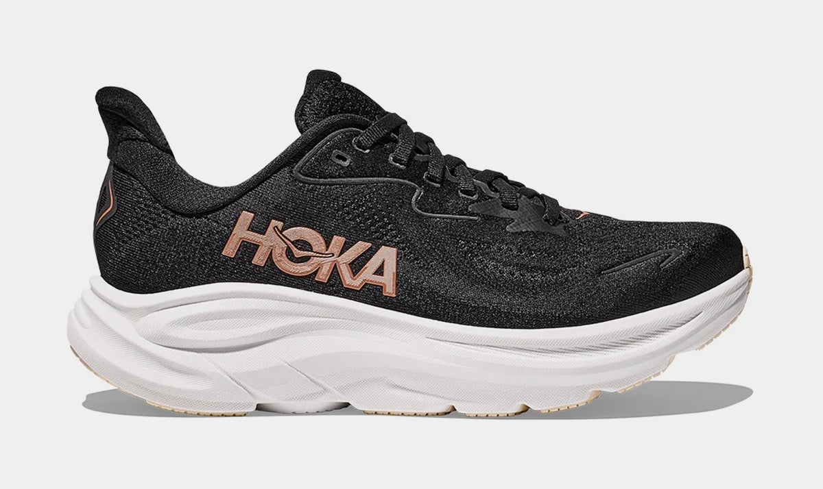 Exclusive Clifton 10 Womens Running Shoes (Black/Rose Gold) — 5 — Front View