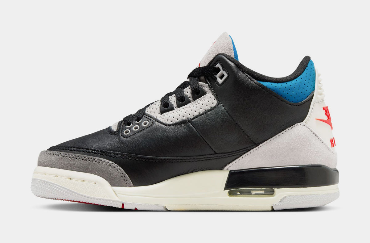 Exclusive Air Jordan 3 Retro OG Rare Air Grade School Lifestyle Shoes (Black/Chile Red/Neutral Grey/Military Blue/Coconut Milk) — 3.5Y — Back View