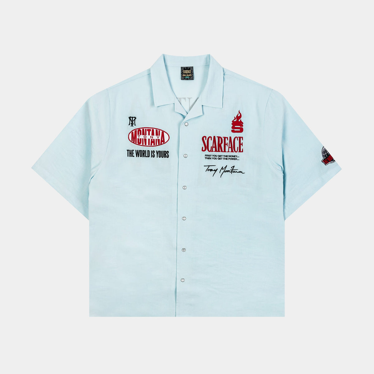 Exclusive SP x Scarface MGMT CO Button Up Mens Short Sleeve Shirt (Blue/Red) — S — Front View