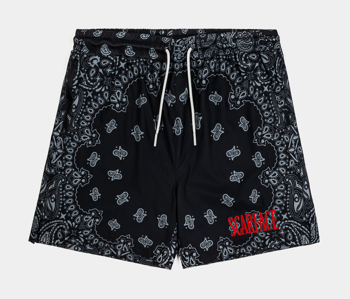 Exclusive SP x Scarface Paisley All Over Print Hybrid Mens Shorts (Black/Grey) — S — Front View