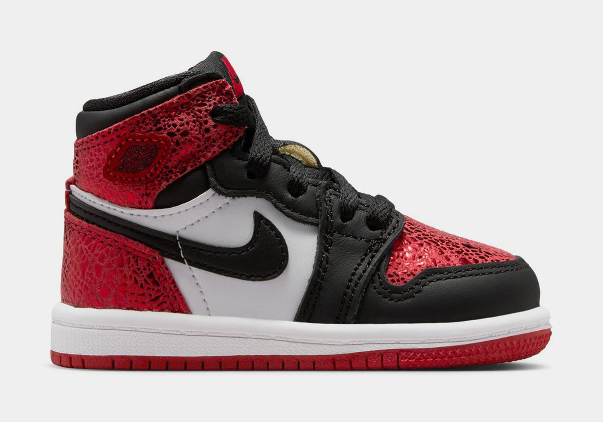 Exclusive Air Jordan 1 Retro High OG Ruby Infant Toddler Lifestyle Shoes (Varsity Red/Black/White) — 2C — Front View