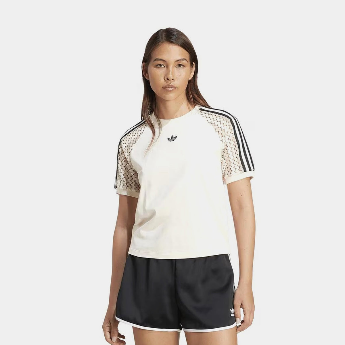 Exclusive Summer Glow Cali 3 Stripes Womens Short Sleeve Shirt (Wonder White) — XS — Front View
