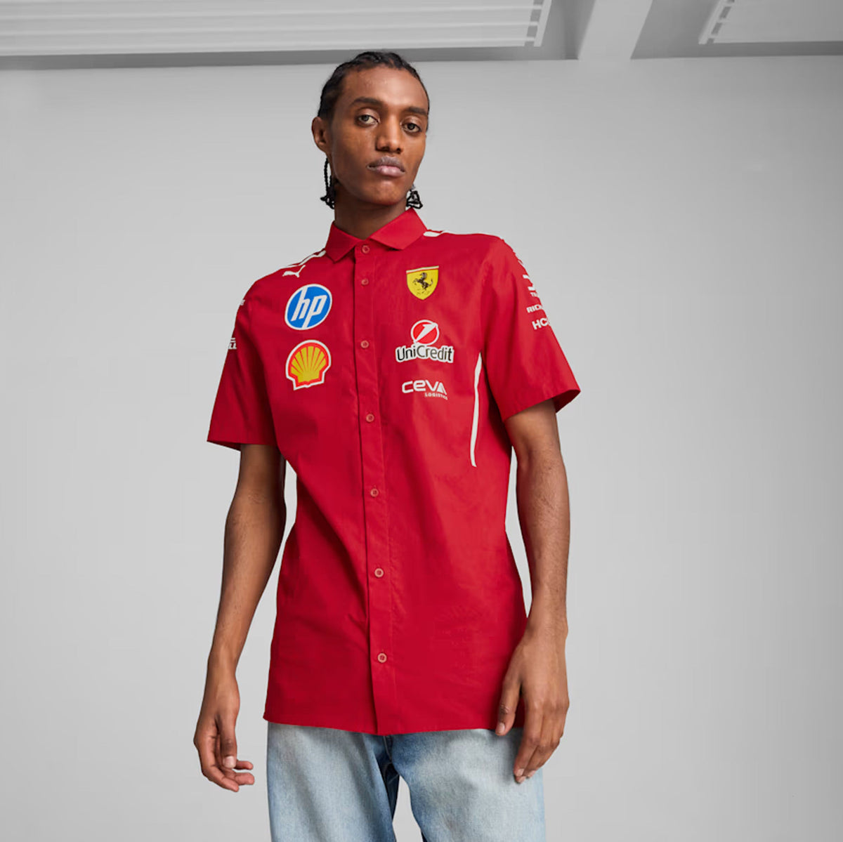 Exclusive Scuderia Ferrari 2025 Team Mens Short Sleeve Shirt (Dark Cherry/White) — S — Back View