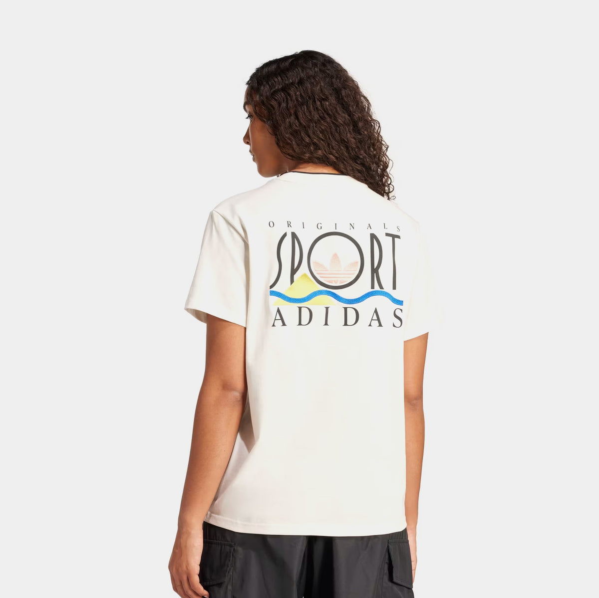 Exclusive Graphic Sports 3 Stripes Womens Short Sleeve Shirt (Cloud White) — XS — Side View