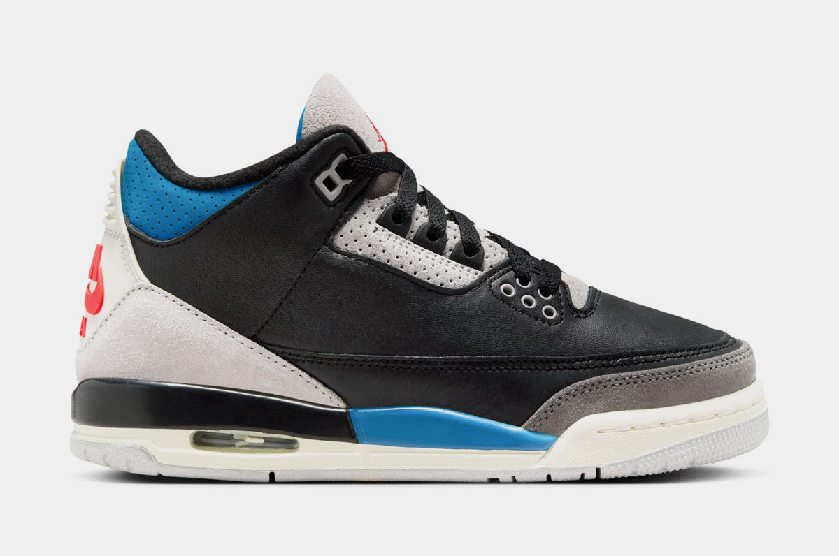 Exclusive Air Jordan 3 Retro OG Rare Air Grade School Lifestyle Shoes (Black/Chile Red/Neutral Grey/Military Blue/Coconut Milk) — 3.5Y — Front View