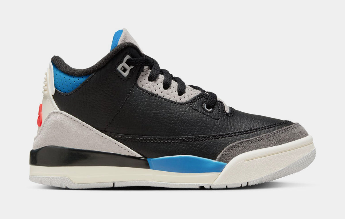 Exclusive Air Jordan 3 Retro OG Rare Air Preschool Lifestyle Shoes (Black/Chile Red/Neutral Grey/Military Blue/Coconut Milk) Free Shipping — 10.5C — Front View