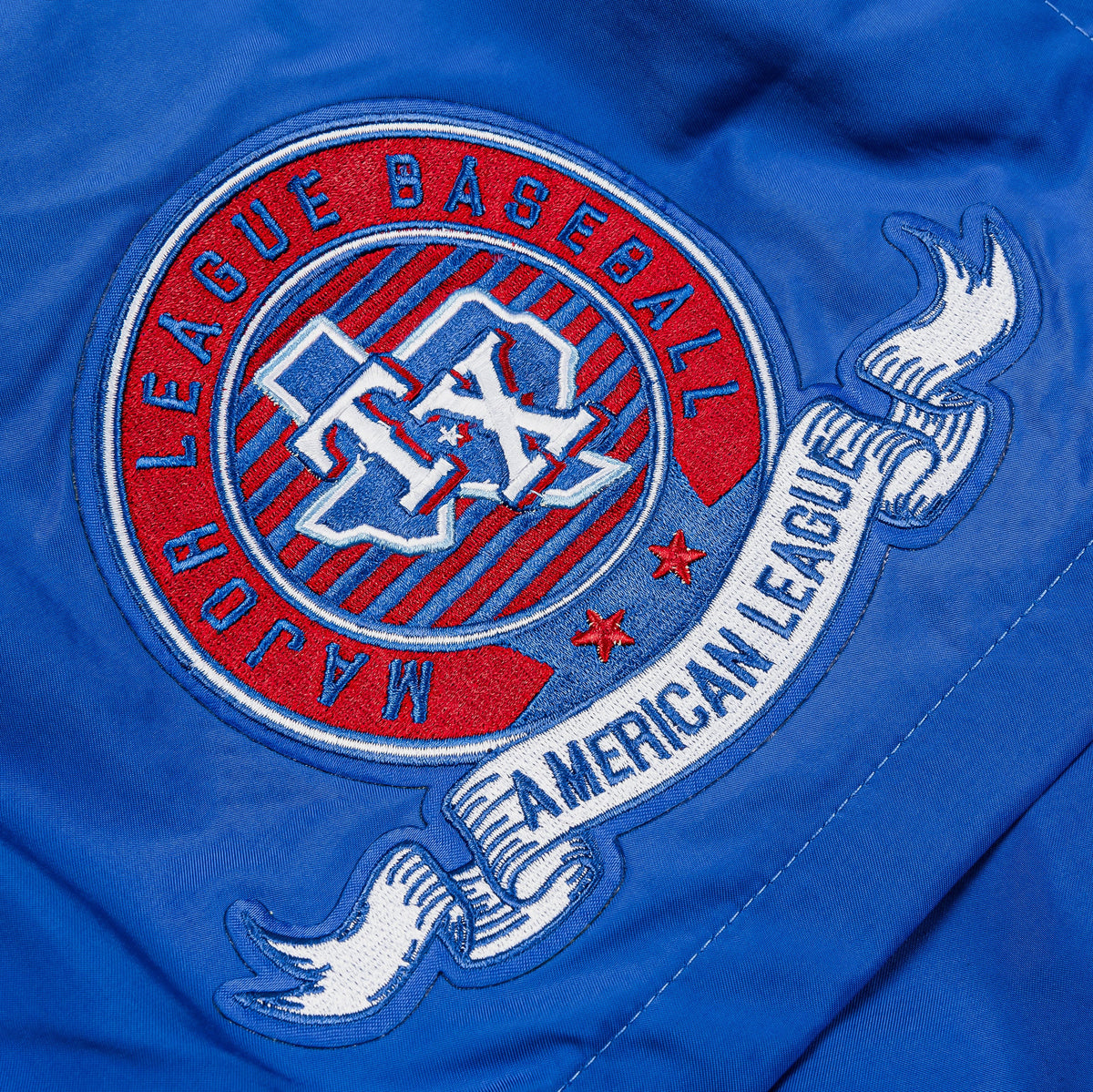 Exclusive Texas Rangers Team Badge Woven Mens Shorts (White/Blue) — S — Back View