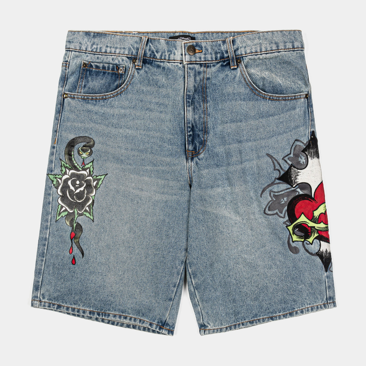 Exclusive Sacred Heart Denim Mens Shorts (Blue/Black) — 28 — Front View