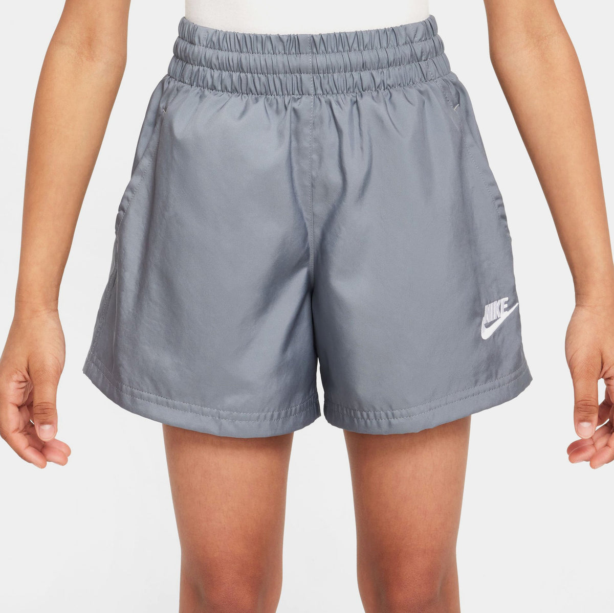 Exclusive Club Woven 4.5 Grade School Shorts (Grey/White) — XS — Front View