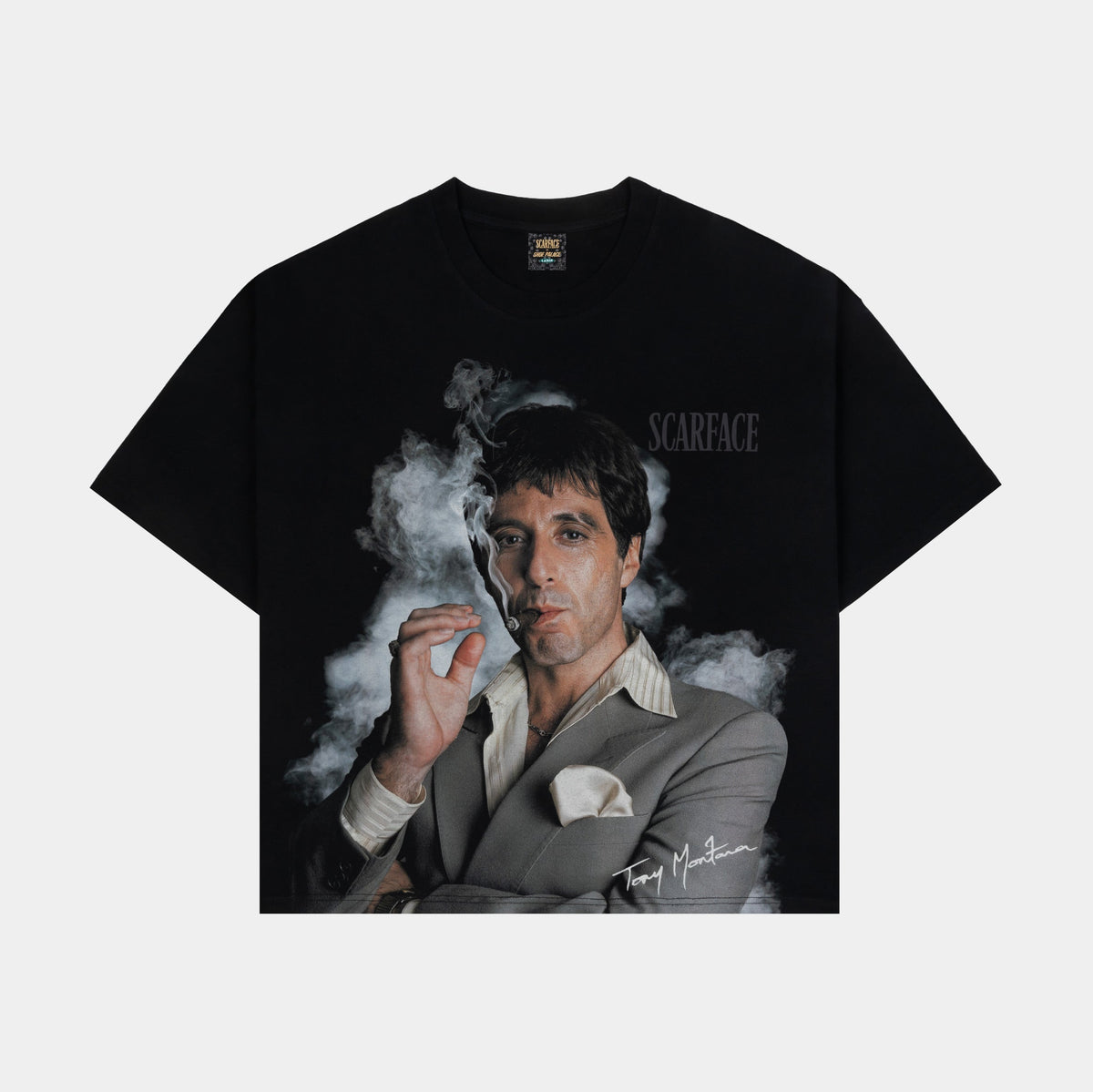 Exclusive SP x Scarface Smoke Light Mens Short Sleeve Shirt (Black/Grey) — S — Front View