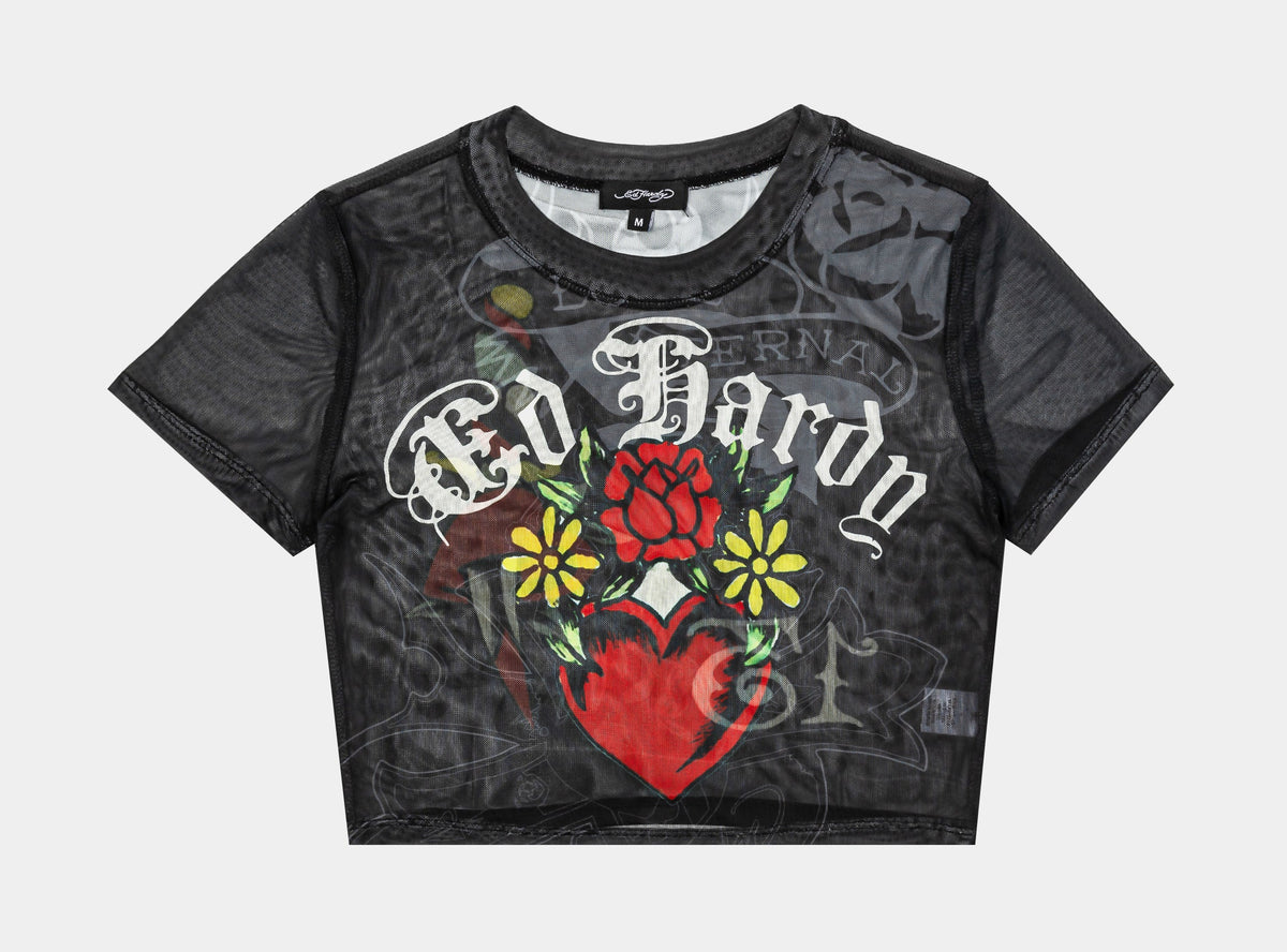 Exclusive Heart Tiger Mesh Baby Tee Womens Short Sleeve Shirt (Black/Red) — XS — Front View
