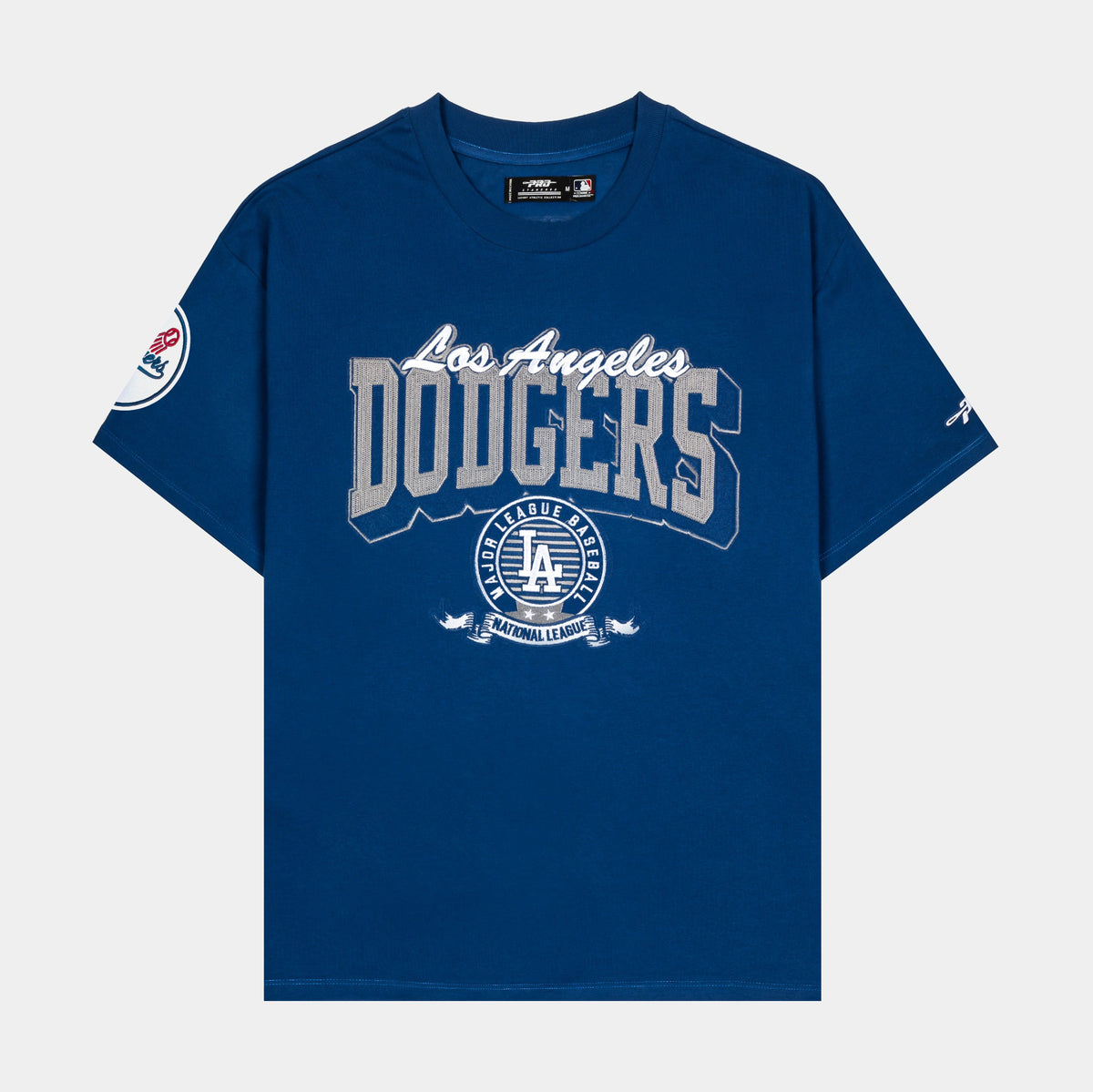 Exclusive Los Angeles Dodgers Team Badge Mens Short Sleeve Shirt (Blue/White) — S — Front View