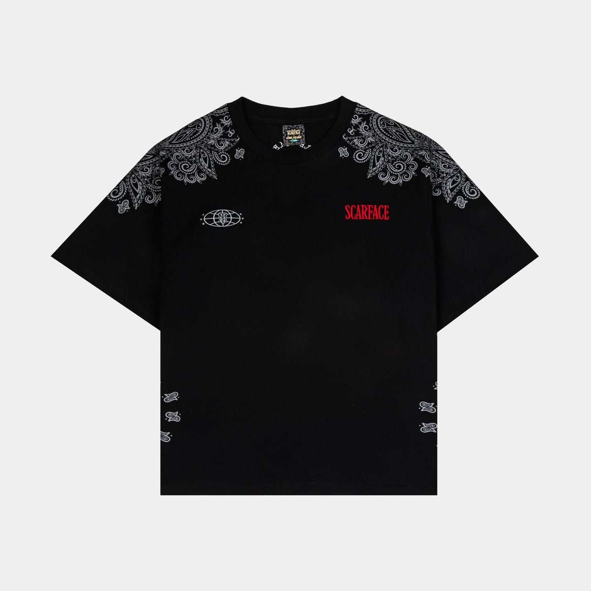 Exclusive SP x Scarface Paisley All Over Print Mens Short Sleeve Shirt (Black/Grey) — S — Front View