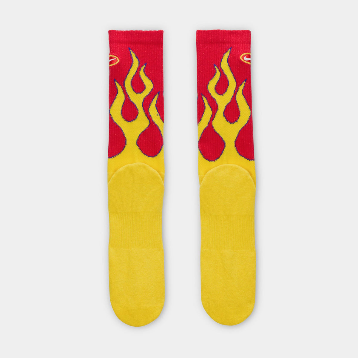 Exclusive Everyday Plush Cushioned Crew Flames Mens Socks (University Red/Tour Yellow/White) — S — Side View