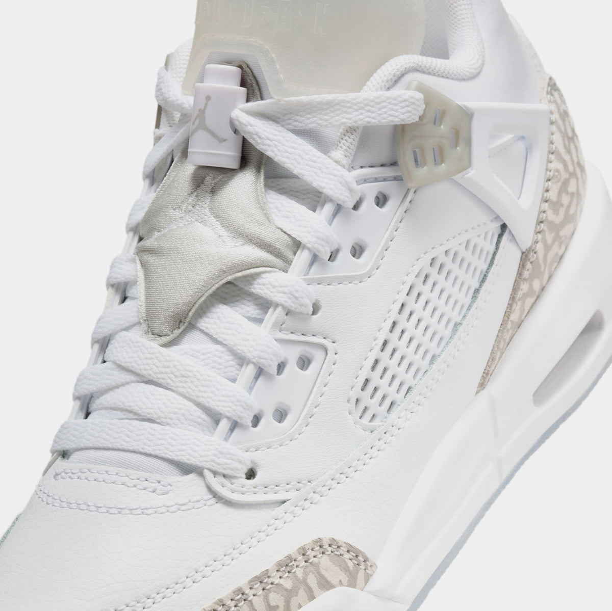 Exclusive Spizike Low Grade School Basketball Shoes (White/Metallic Silver/Barely Blue/Neutral Grey) — 3.5Y — Detail View